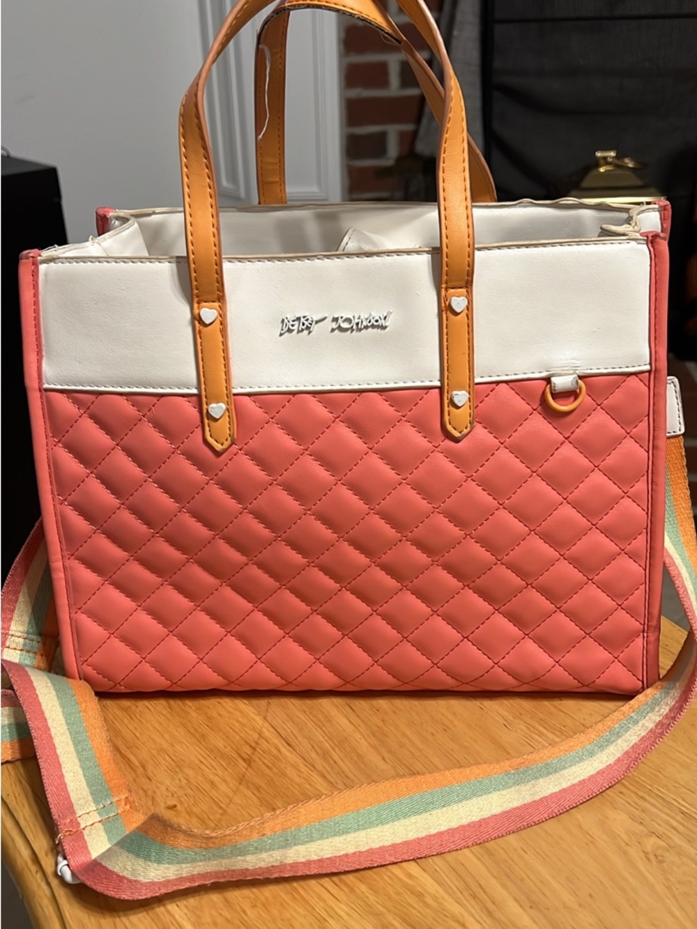 Betsey Johnson Quilted Coral and White Tote Bag with Striped Crossbody Strap